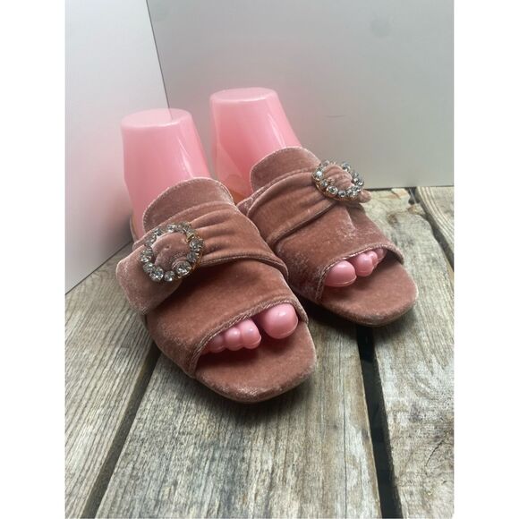 A New Day Velvet Slide Sandals Pink Rhinestone Buckle Square Toe Heels Size 6.5 - Picture 1 of 10